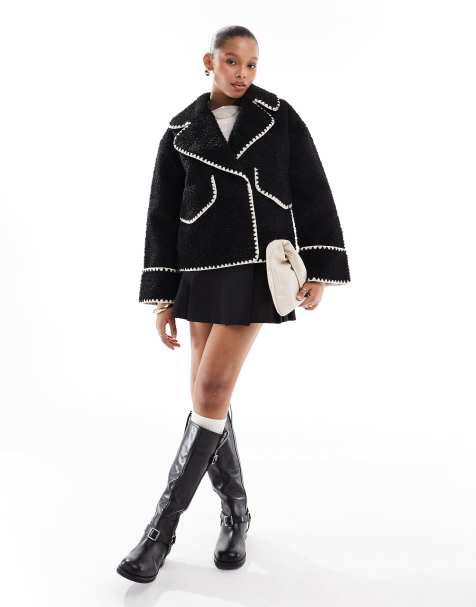 Object – Pilotenjacke aus Teddyfell in Schwarz mit Ziernähten in Kontrastfarbe - view 1