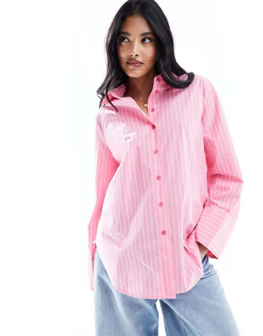 Object - Pink stribet oversized skjorte