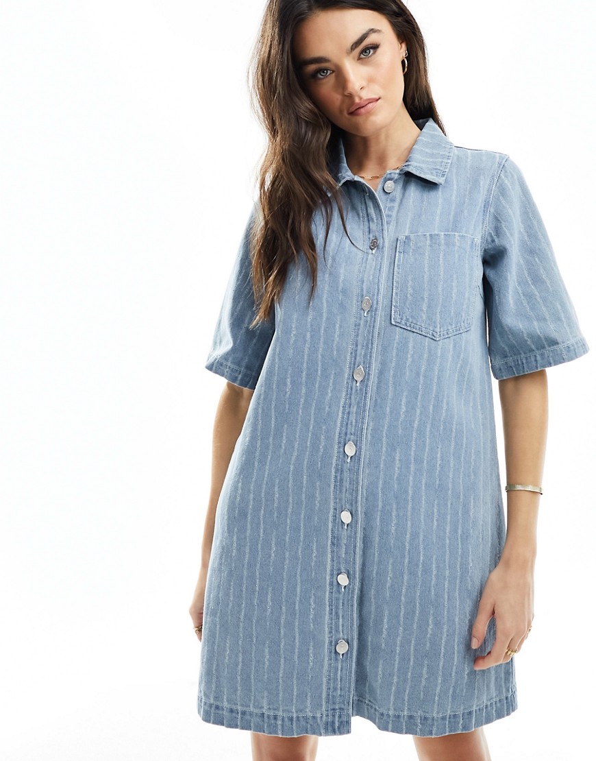Object Pinstripe Mini Shirt Dress In Light Denim-blue