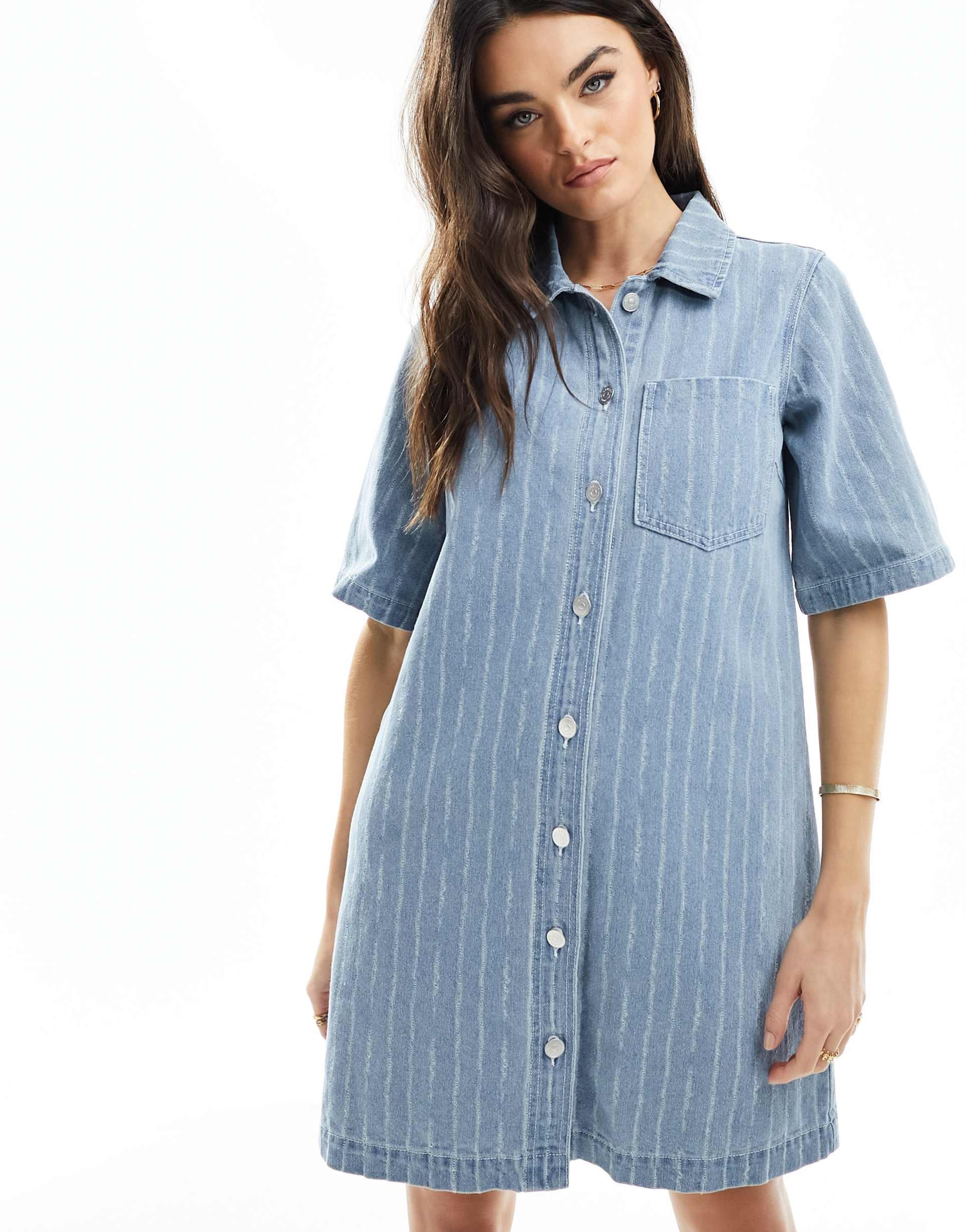 object pinstripe mini shirt dress in light denim