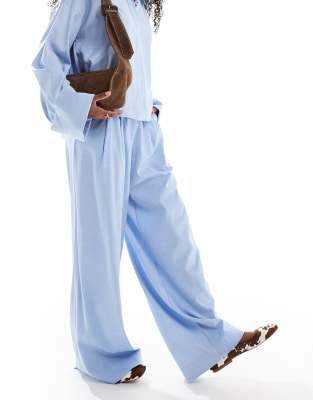 Object Pleat Front Wide Leg Pants In Blue
