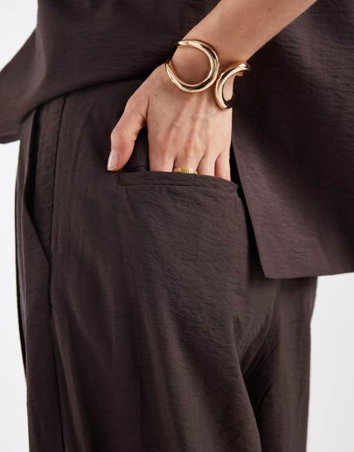 Object pleat front wide leg tailored trouser co-ord in chocolate, 3 of 5