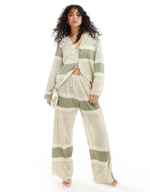 Object - Plissé broek met wijde pijpen in abstracte print, deel van co-ord set