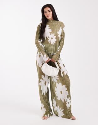 Object plisse long sleeve top co-ord in olive flower print-Green