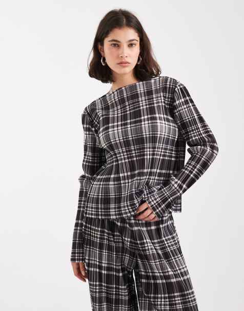 Object plisse long sleeve top in mono check (part of a set) - view 1