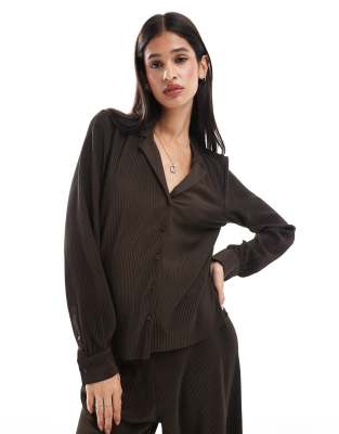 Object plisse shirt co-ord in chocolate brown