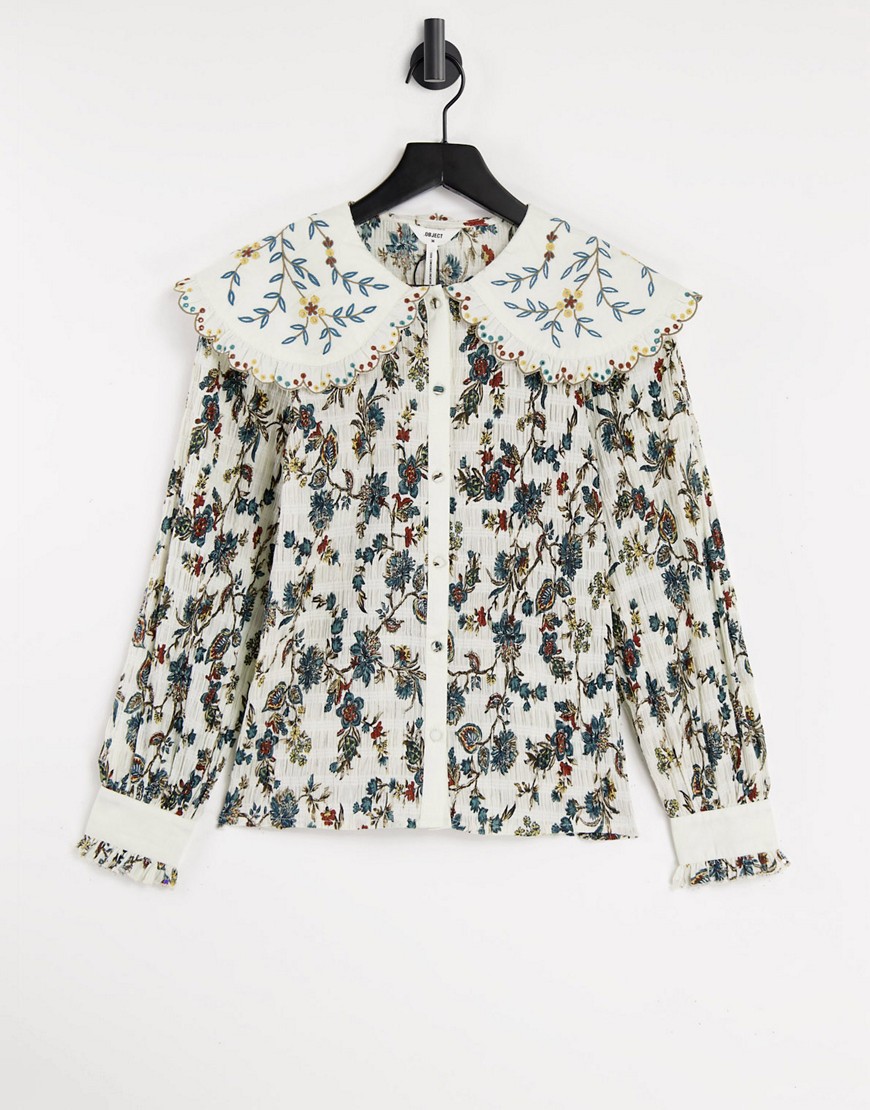 Object plisse shirt in pattern with embroidered collar-Neutral