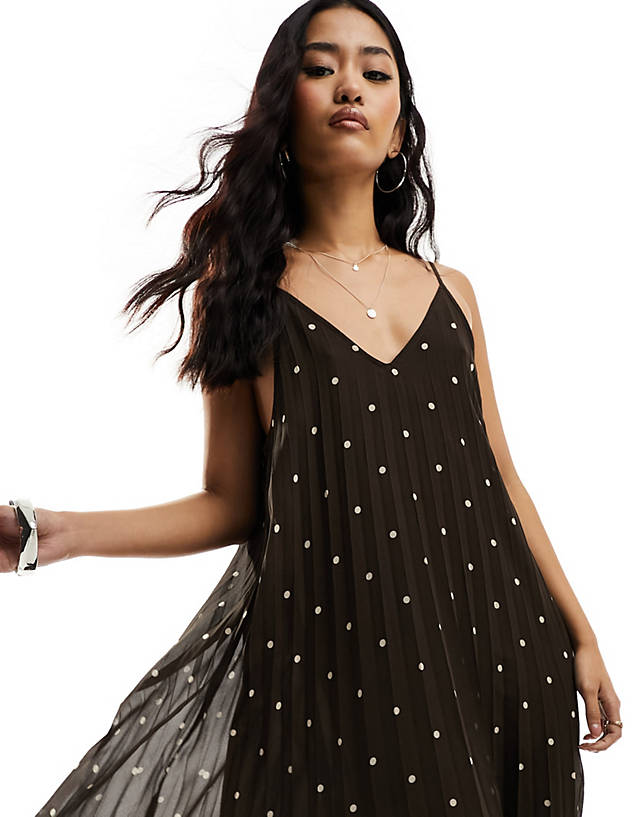 Object - plisse swing cami maxi dress in brown polka dot