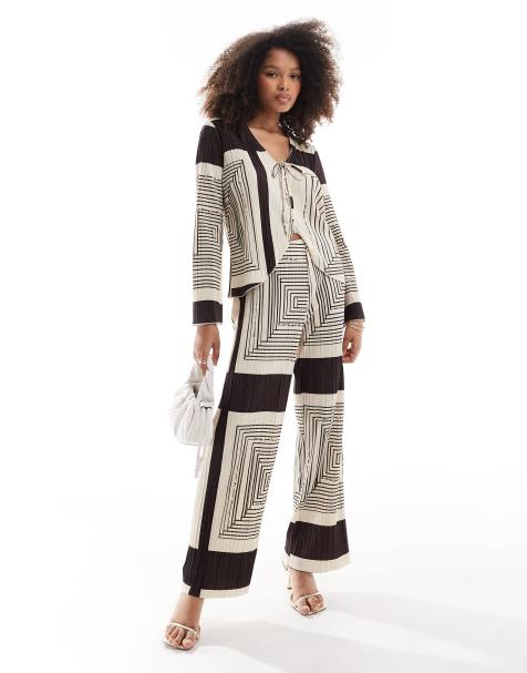 Object plisse tie front top and wide leg trouser co-ord in brown abstract print - view 1