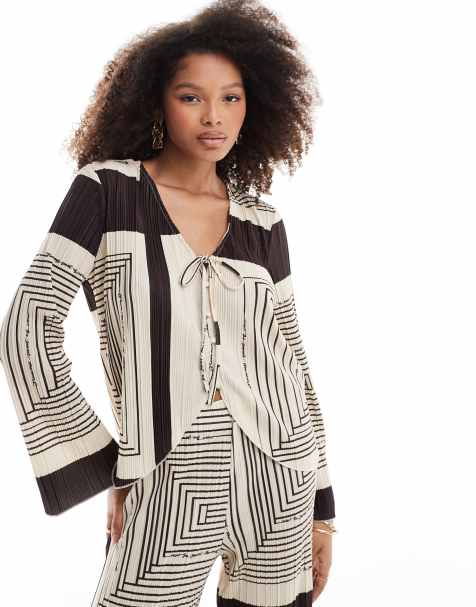 Object plisse tie front top co-ord in brown abstract print - view 1