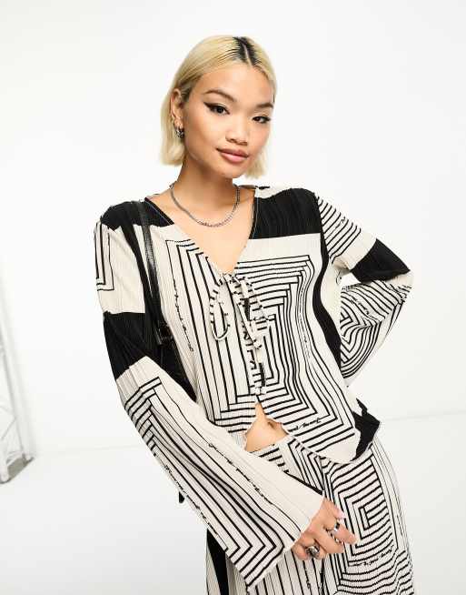 Object plisse tie front top in mono print (part of a set)