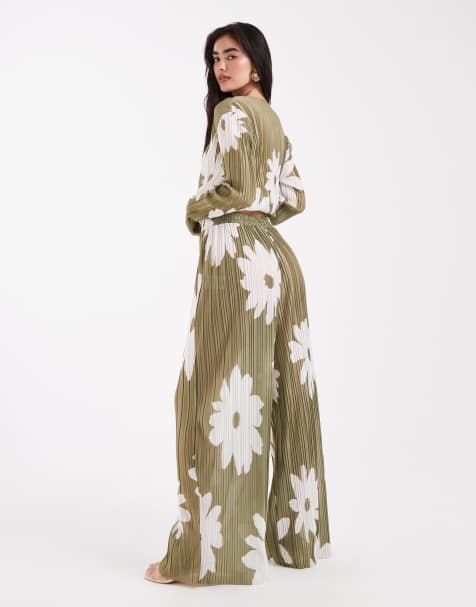 Object plisse top and trouser co-ord in olive flower print - view 1
