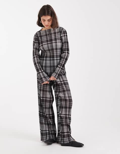 Object plisse top and wide leg pants set in black and white plaid print - view 1