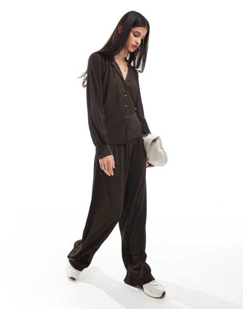 Object plisse trouser co-ord in chocolate brown - view 1