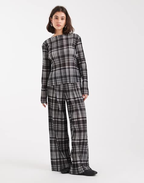 Object plisse wide leg pants in mono check (part of a set) - view 1