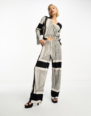 Object plisse wide leg pants in mono print (part of a set)