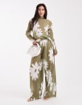 [Object] Object plisse wide leg pants in olive flower print (part of a set)-Green 40 Dried herb AOP