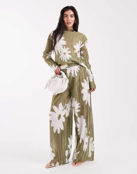 Object plisse wide leg trouser co-ord in olive flower print - view 1