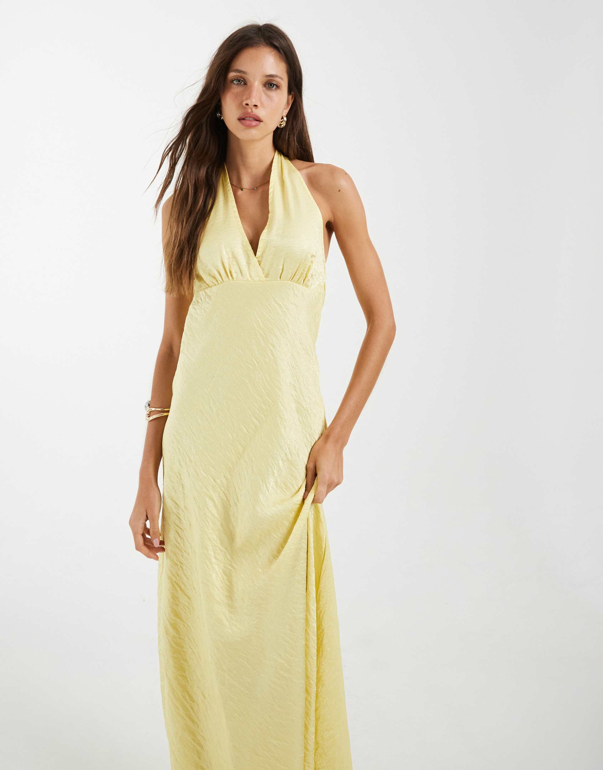 object plunge front halterneck hammered satin maxi dress in pale yellow