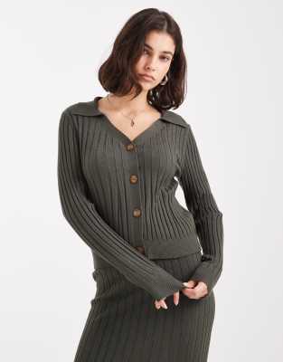 Polo d'ensemble boutonné en maille côtelée - Vert kaki foncé 34-36