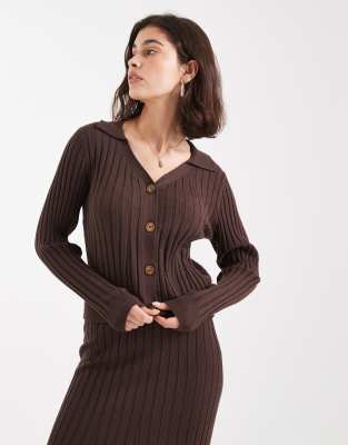 Object - Polohemd aus Rippstrick in Schokobraun mit Knopfleiste, Kombiteil-Brown
