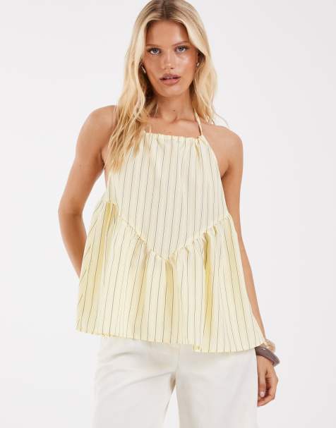 Object Popeline-Halterneck-Top mit Peplum-Saum und Streifenprint in Hellgelb - view 1