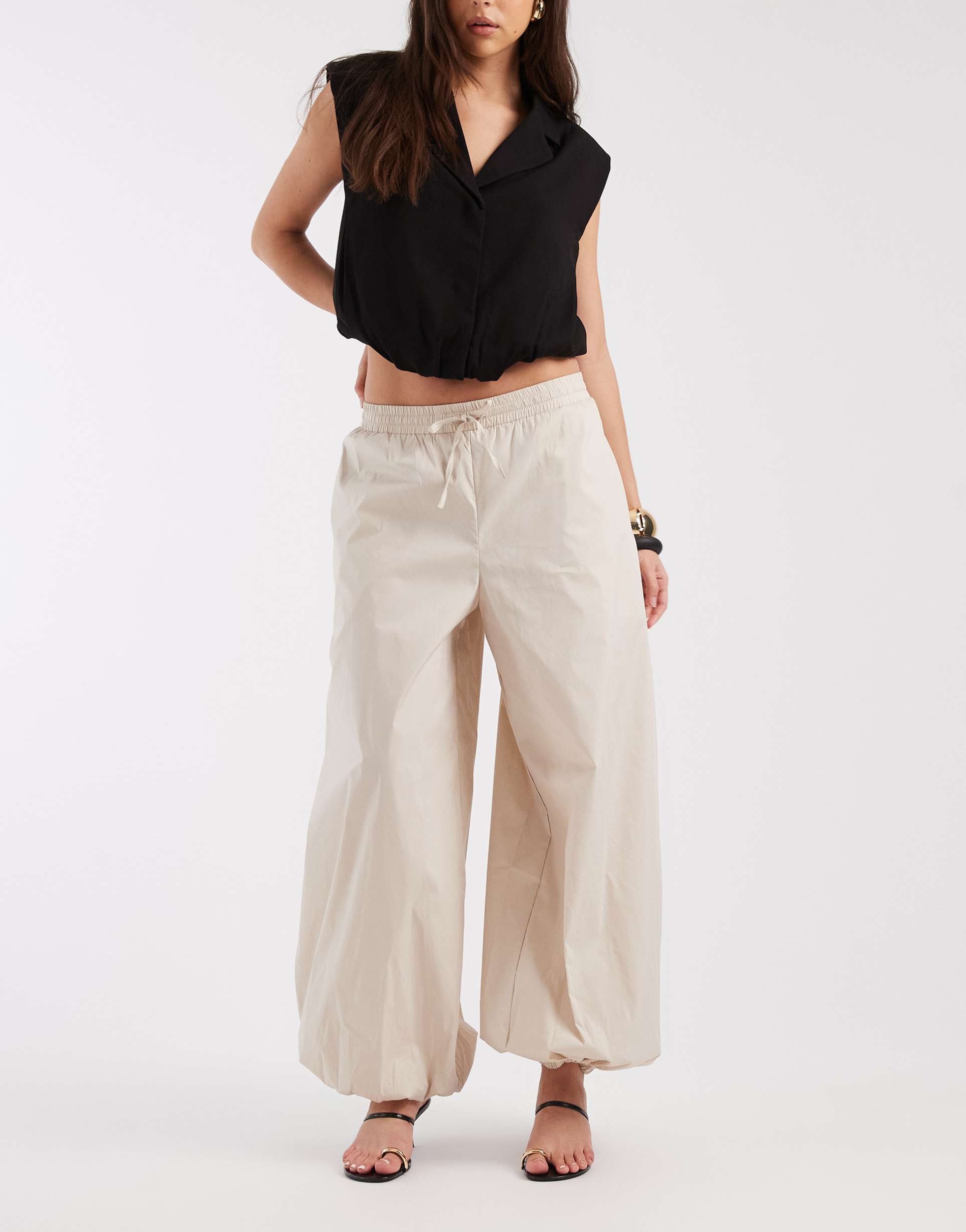 object poplin balloon tie waist pants in cream