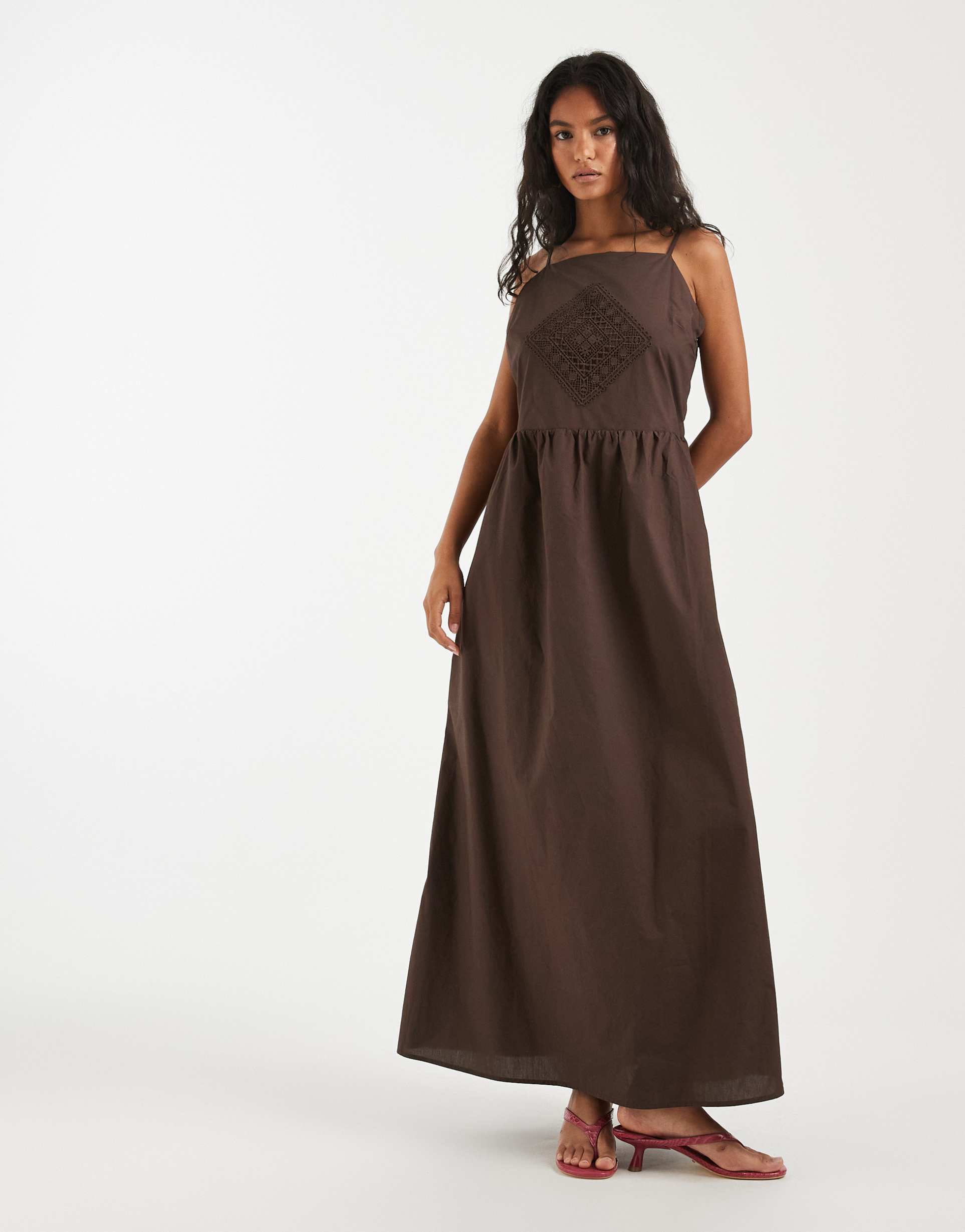 object poplin cami midi dress with crochet patch detail in chocolate