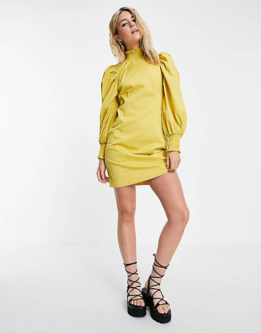 Object poplin dress with exagerated sleeve in yellow