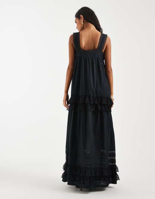 Object - Premium boho maxi jurk met stroken, kanten randen en ruches in zwart, 4 van 4