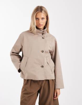 Object Premium Button Front Short Trench Jacket In Neutral