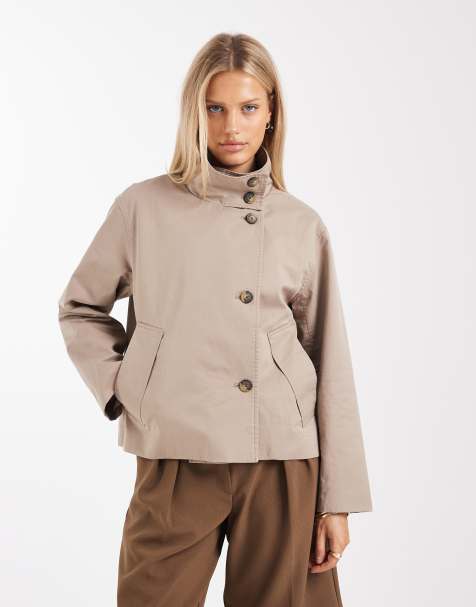 Object premium button front short trench jacket in taupe