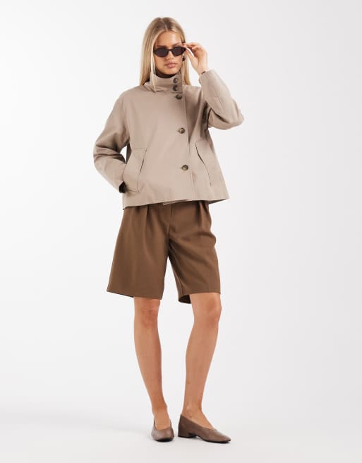 Object premium button front short trench jacket in taupe, 3 of 4