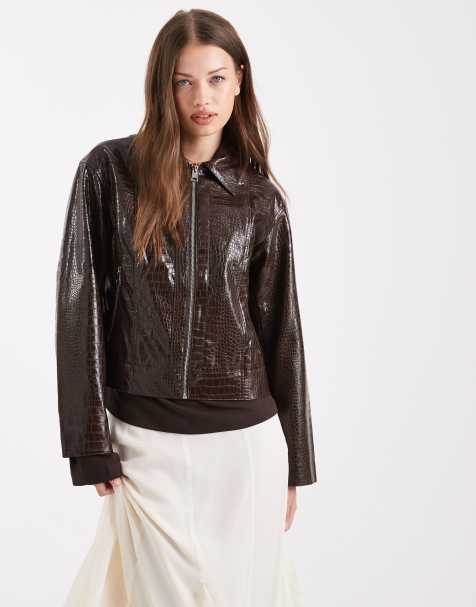 Object premium faux croc cropped jacket in chocolate brown