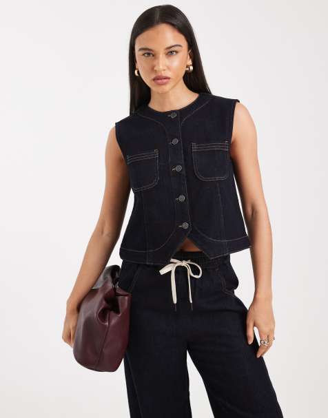 Object - Premium denim mouwloze top met knopen aan de voorkant in indigo rinse, deel van co-ord set - view 1