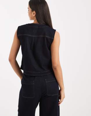 Object Premium Denim Sleeveless Button Front Top Co-ord In Black
