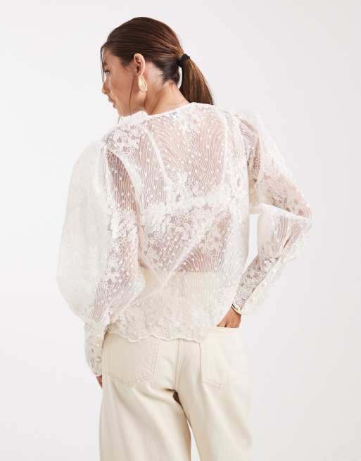 Object - Premium - Doorschijnende blouse van draadkant met knopen aan de voorkant in crème, 4 van 4