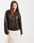 [Object] Object premium faux croc cropped jacket in chocolate brown 34 Seal brown