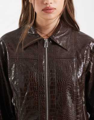 Object Premium Faux Croc Cropped Jacket In Brown