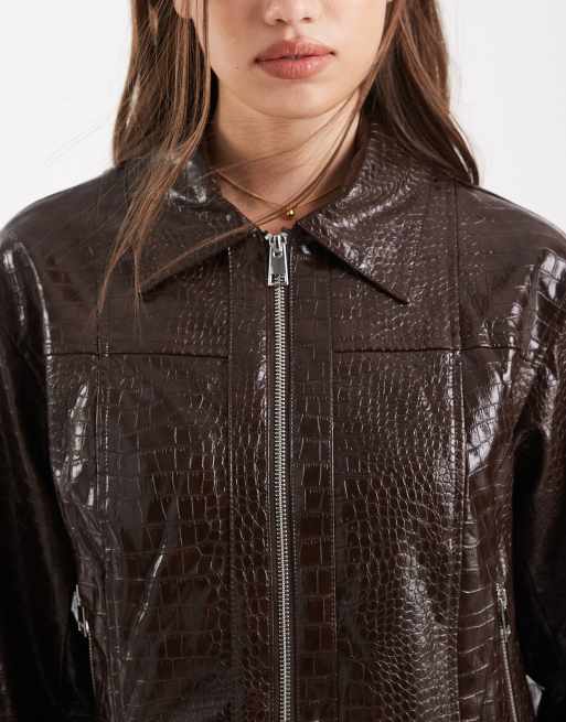 Object premium faux croc cropped jacket in chocolate brown, 2 of 4