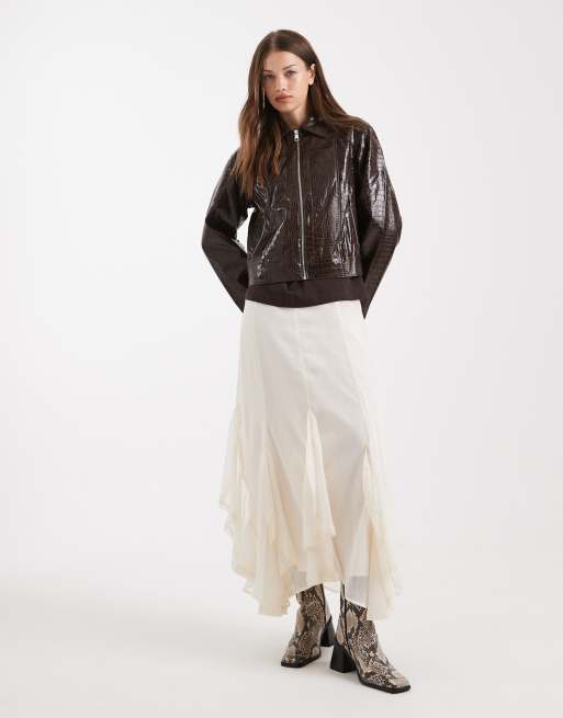 Object premium faux croc cropped jacket in chocolate brown, 3 of 4