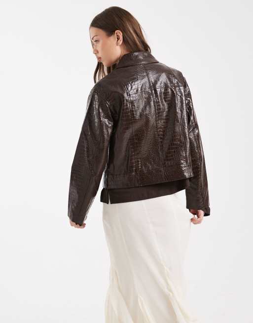 Object premium faux croc cropped jacket in chocolate brown, 4 of 4