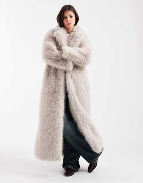 Object premium faux fur maxi coat in cream - view 1