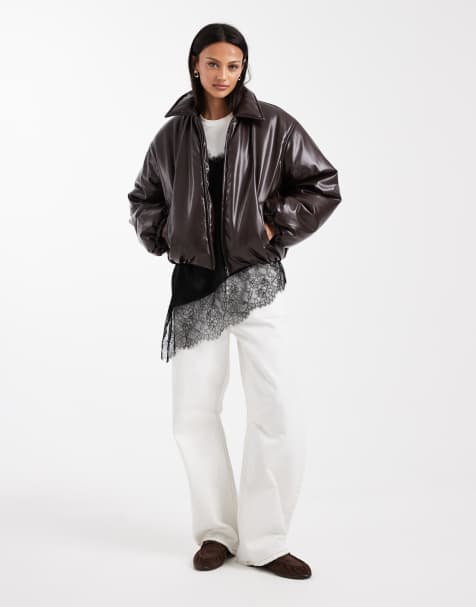 Object premium faux leather padded jacket in chocolate brown - view 1