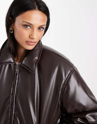 Object Premium Faux Leather Padded Jacket In Brown