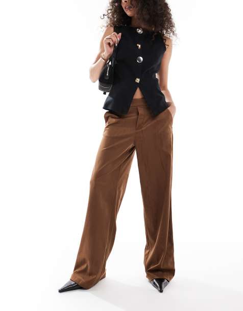 Object premium faux suede wide leg trousers in camel - view 1