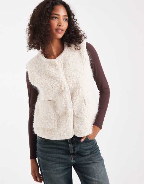 Object premium fluffy borg duffle style gilet in cream - view 1