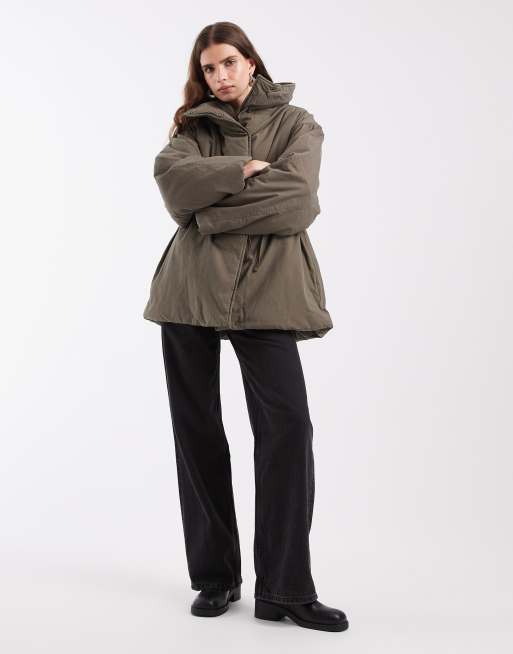 Object premium funnel neck padded tie waist coat in brown, 2 of 4