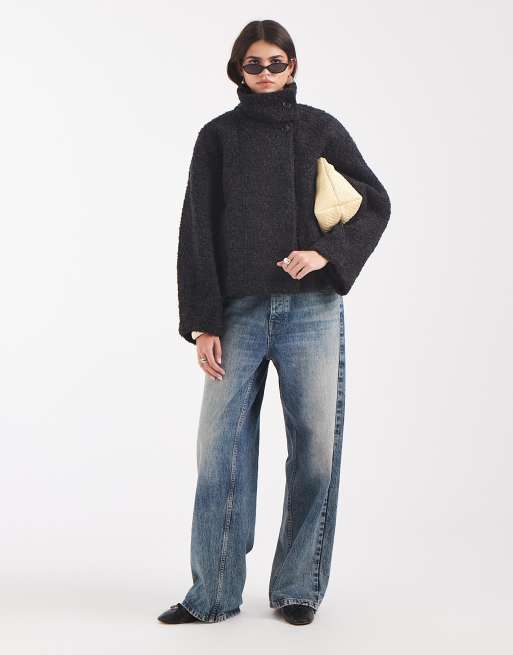 Object premium funnel neck wool blend short borg coat in dark grey, 2 of 4