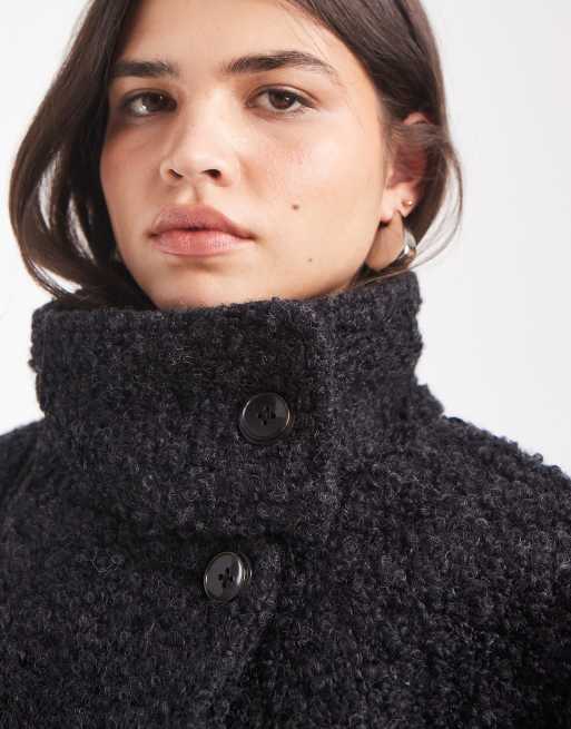 Object premium funnel neck wool blend short borg coat in dark grey, 3 of 4